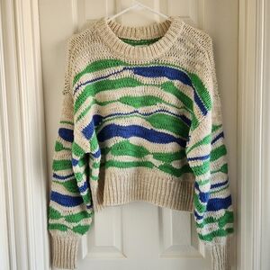 Aerie Intarsia Crew Neck Wool Blend Sweater Size XS Green Watercolor